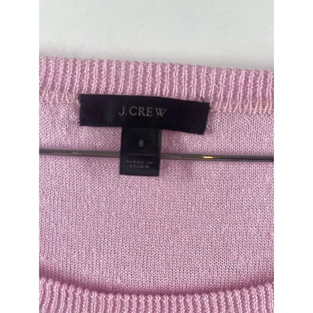 J.CREW Women’s Spring Sweater 100% Linen 3/4 Sleeves‎ Cute Pink Pom-Pom Trim S
